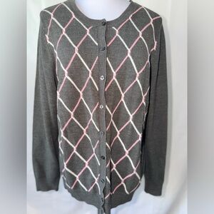 Croft & Barrow Grey Cardigan Sweater with Pink & White Diamond Pattern